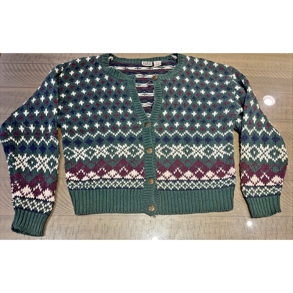 Vintage 90s Cardigan Sweater Small Womens Green Preppy Chunky Heavy Knit Granny - Picture 1 of 8